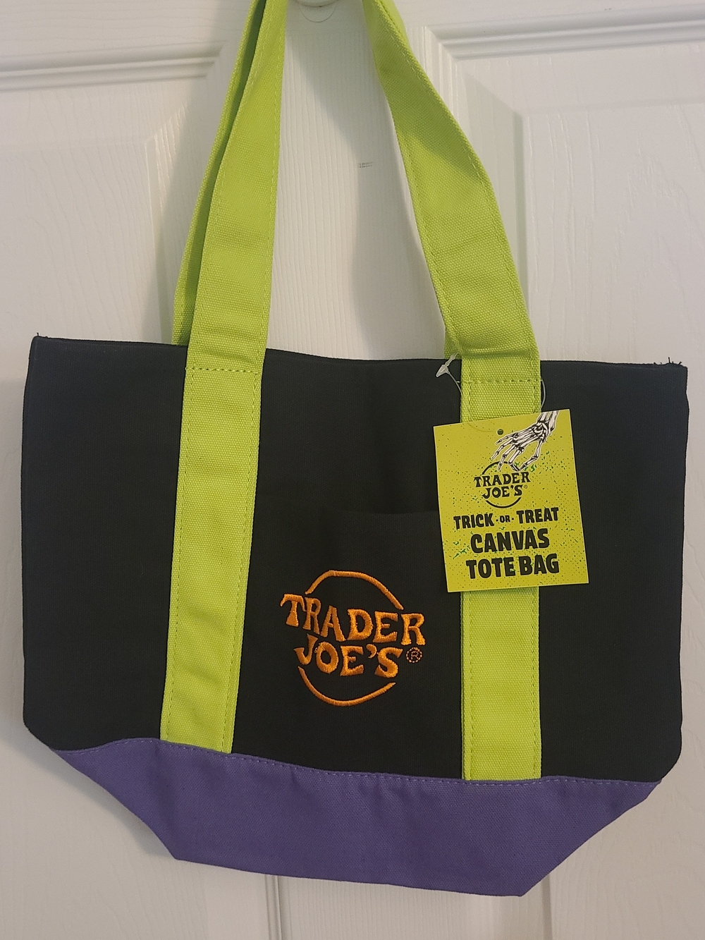 Trader Joe's Black Canvas Tote with Lime Handles and Purple Base